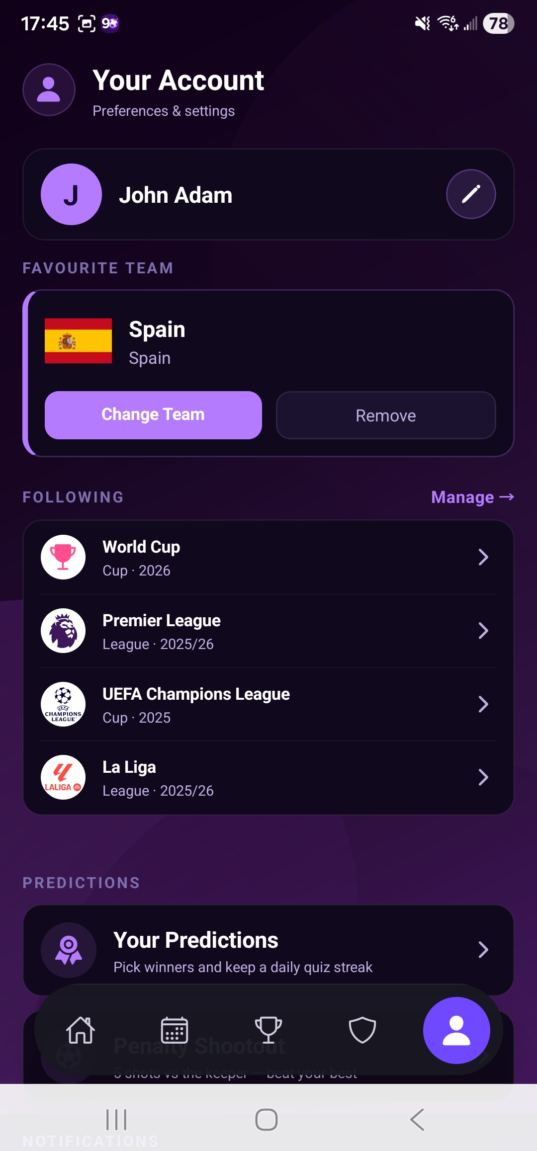 Account and favorites screen